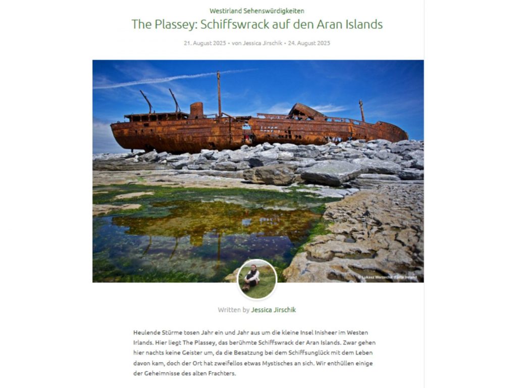 Bild von einem Schiffswrack auf den Araninseln und darunter ein Artikel von Jessica Jirschik als Beispiel für Blogartikel schreiben lassen