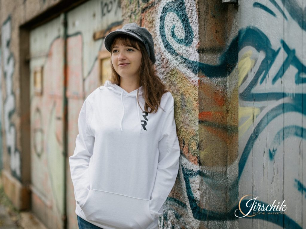 Jessica Jirschik in weißem Pullover lehnt an einer Graffitiwand. Sie ist Expertin für eine emotionale Produktbeschreibung