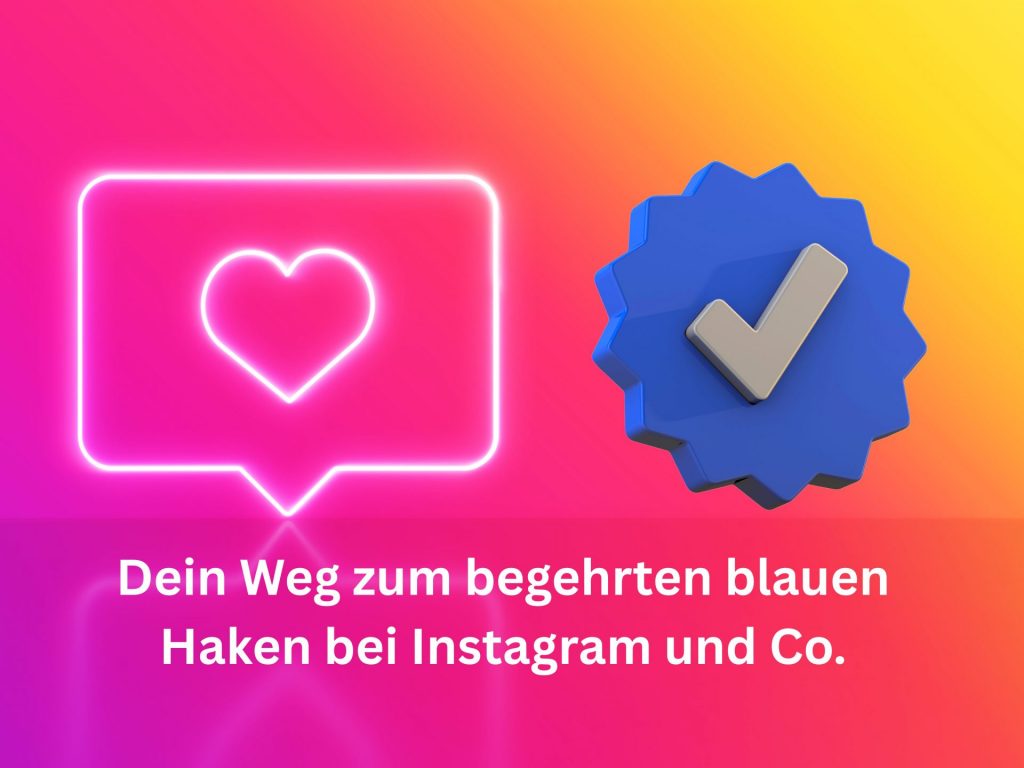 Pink-Gelber Hintergrund und Häkchen in blauem Kreis als Symbol für blauer Haken Instagram