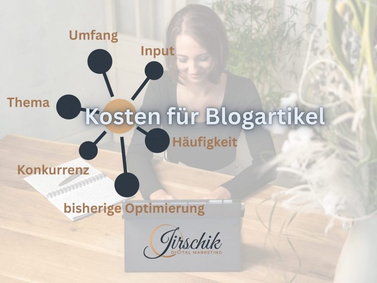 Jessica Jirschik sitzt am Laptop und schlüsselt die Blogartikel schreiben lassen Kosten auf