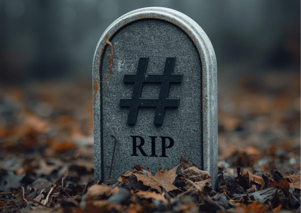 Grabstein mit einem Hashtag darauf als Symbol, dass diese genauso wenig eine Rolle in der Zukunft spielen wie viele Follower
