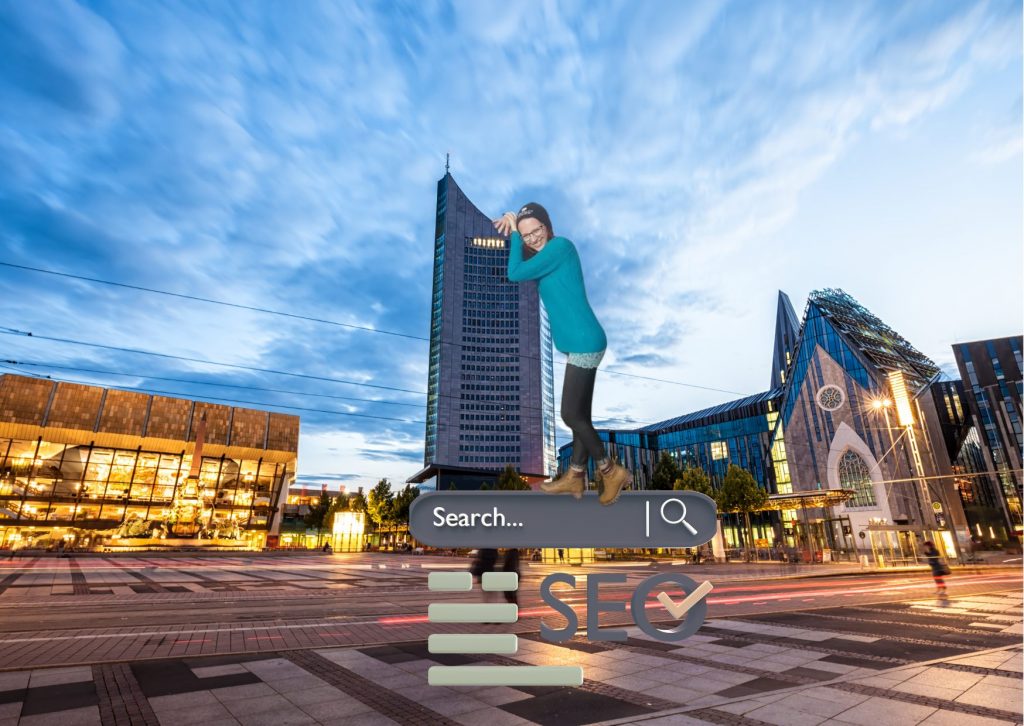 SEO-Expertin Jessica Jirschik lehnt am Leipziger MDR Tower und steht für Suchmaschinenoptimierung in Leipzig