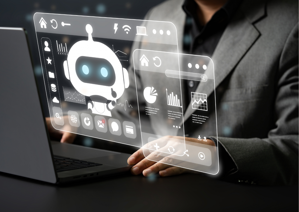 männlicher Oberkörper in Anzug sitzt vor Laptop davor schwebt ein Hologramm eines ROboterkopfs als Bild dafür, wie KI-Tools für uns arbeiten