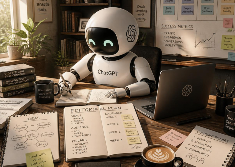 Ein Roboter sitzt an einem Arbeitsplatz vor einem Laptop zwischen vielen Notizzetteln als Bild dafür wie KI-Tools wie ChatGPT Redaktionspläne erstellen
