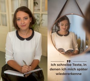 SEO und GEO Expertin Jessica Jirschik einmal wie sie in ein Notizbuch menschliche SEO-Texte ohne KI schreibt und daneben wie sie vor einem runden Spiegel das geschriebene Buch liest