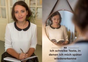 SEO und GEO Expertin Jessica Jirschik einmal wie sie in ein Notizbuch menschliche SEO-Texte ohne KI schreibt und daneben wie sie vor einem runden Spiegel das geschriebene Buch liest