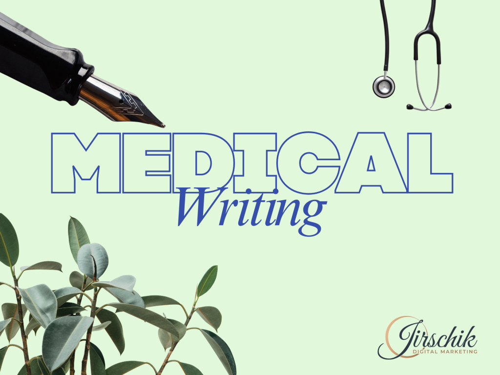 hellgrüner HIntergrund und gelber Füller schreibt die Worte "Medical Writing" als Beispiel für Gesundheitsjournalismus