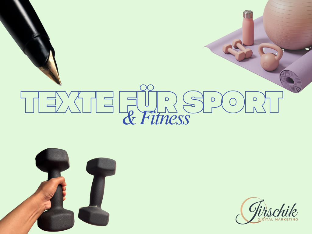 hellgrüner HIntergrund und Füller schreibt die Worte "Texte für Sport & Fitness" als Beispiel für Gesundheitsjournalismus